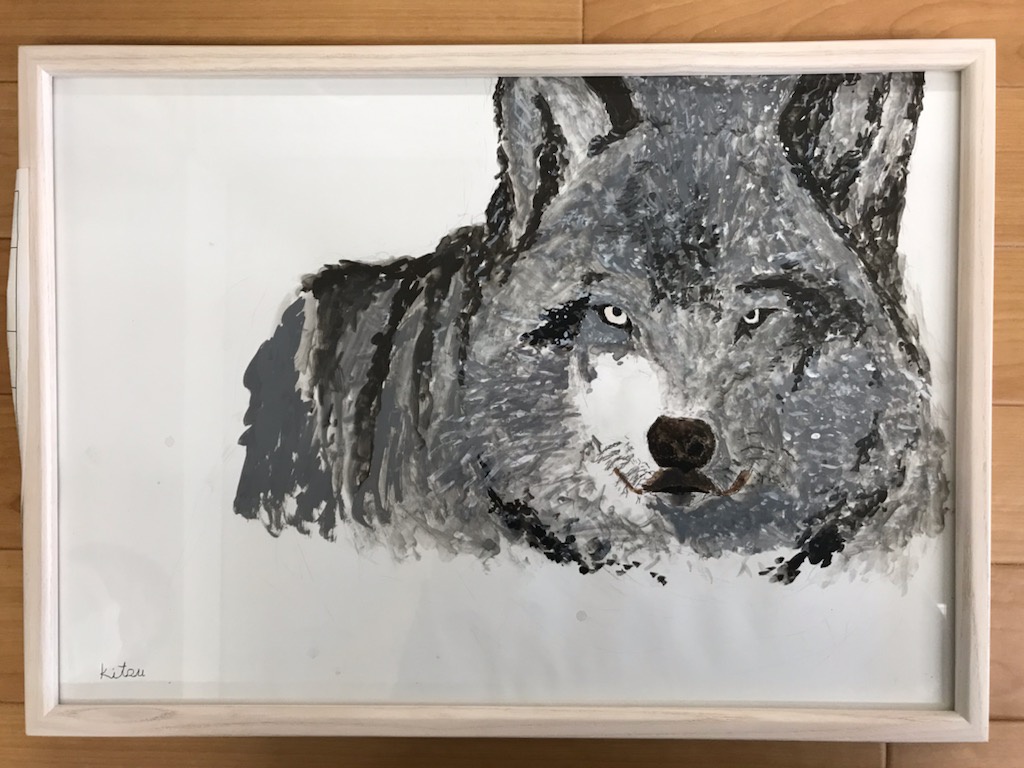 作品１　水彩絵具で描かれた　オオカミの顔