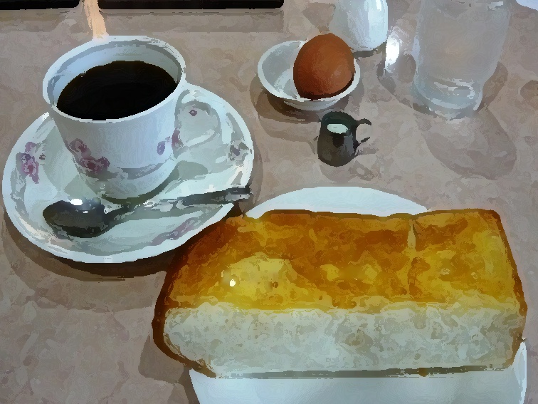 コーヒーにハーフカットされたバターたっぷりの厚切りトーストとゆで卵のモーニングセットのイラスト